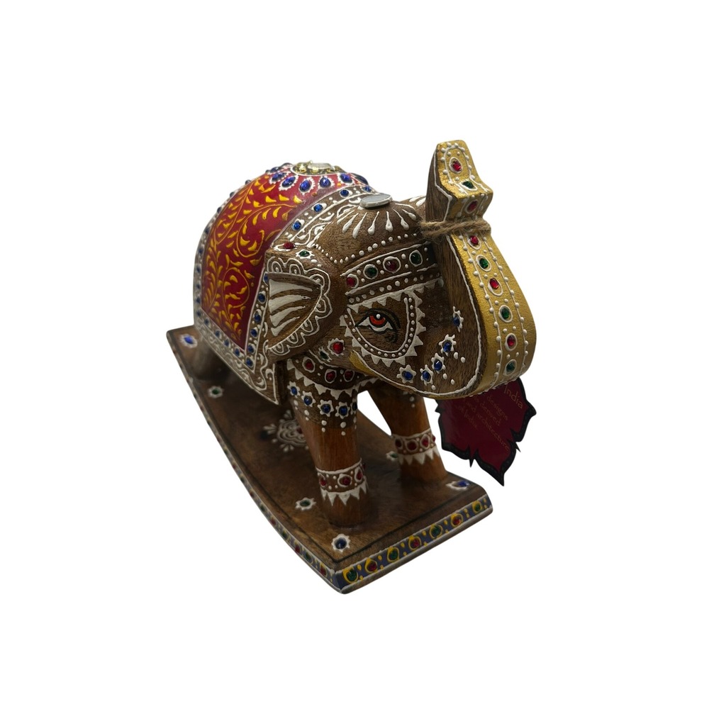 Hand Crafted Indian Wooden Elephant Rocking Base Gemstone Inlay Decor